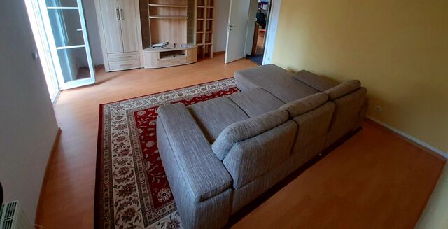 Fertig gestrichenes Wohnzimmer mit Sofa und Teppich